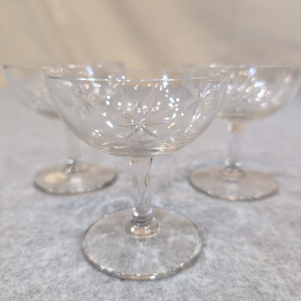 3 Cristal d'Arques France Lead Crystal Starburst Etched Champ. Sherbet Glasses